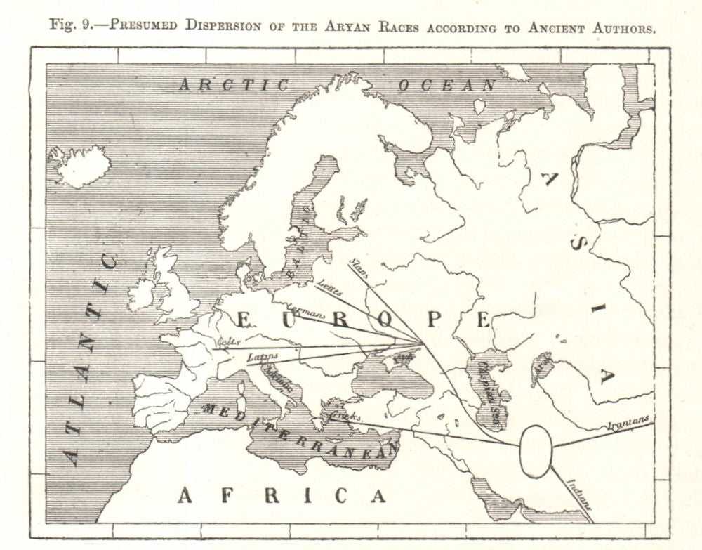Presumed Dispersion of the Aryan Race. Ancient Authors. Europe. Sketch map 1885